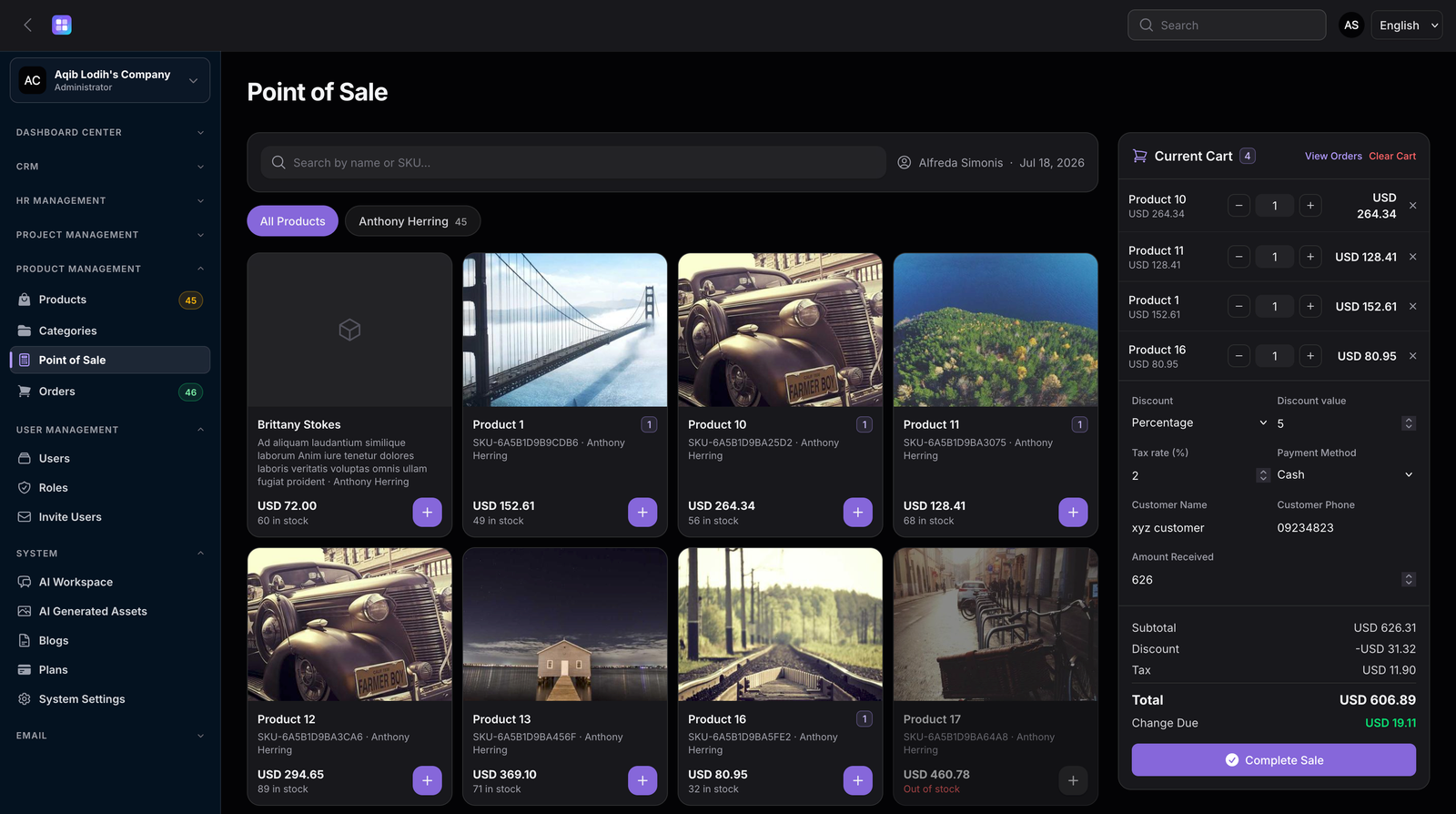 TenantSaaS Point of Sale screen shown inside the tenant workspace navigation.